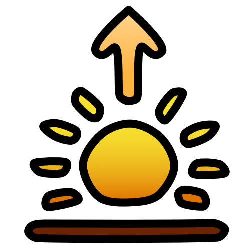 above a brown line sits a sun depreciated by a circle surrounded by 8 rays. It is gradient orange to yellow, and above the circle where a 9th ray would go is an arrow pointing up. It is also gradient but orange to light orange. 